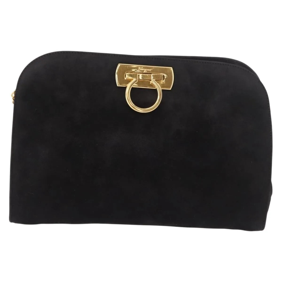 Salvatore Ferragamo Gancini Chain Suede, Black, Suede, Shoulder Bag