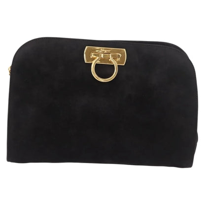 Salvatore Ferragamo Gancini Chain Suede, Black, Suede, Shoulder Bag