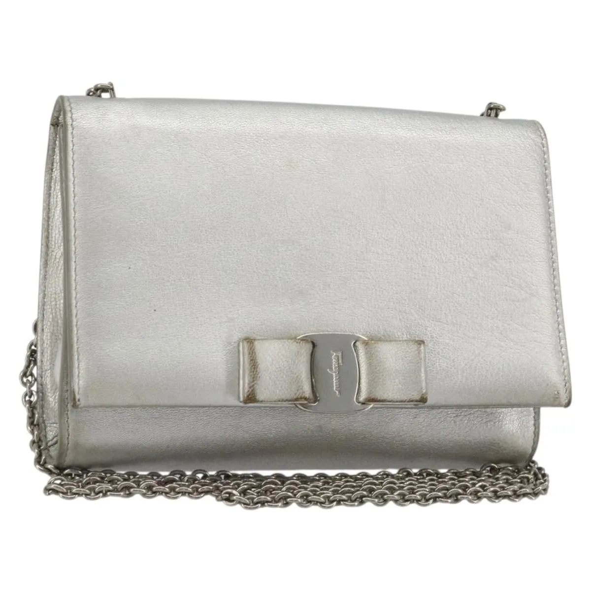 Salvatore Ferragamo Vara Chain Flap Leather, Silver, Leather, Shoulder Bag