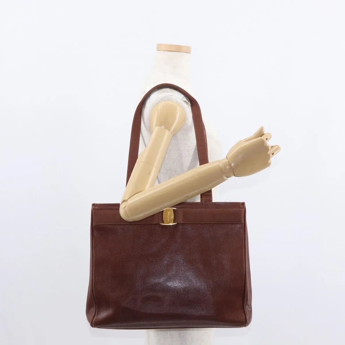 Salvatore Ferragamo Vintage Vara Bow Tote Lizard Embossed Leather, Brown, Leather, Tote Bag