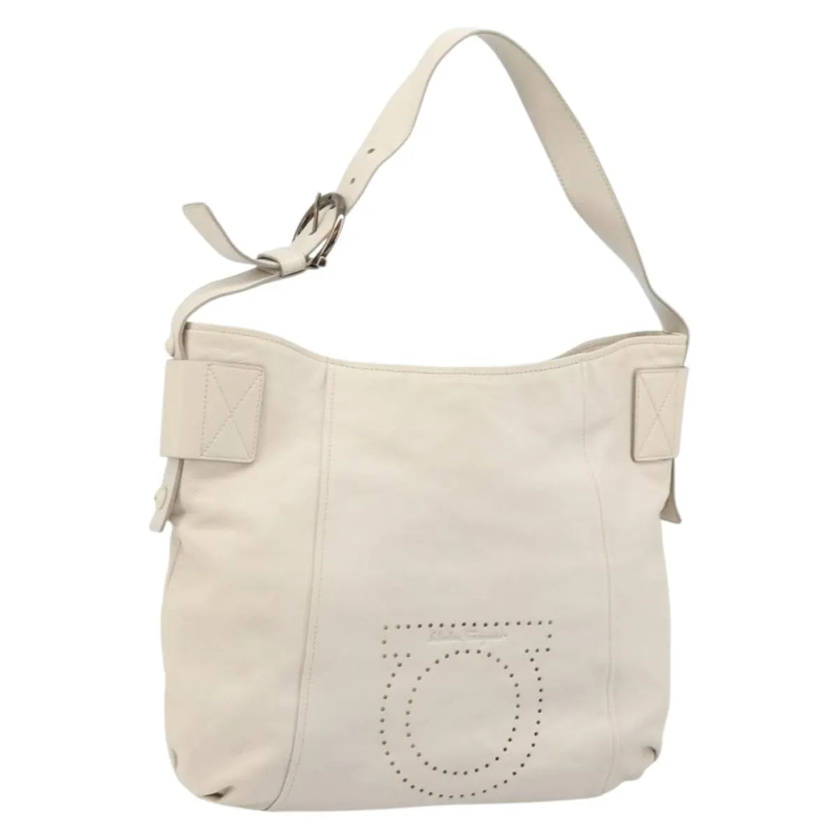 Salvatore Ferragamo Vintage Gancini Hobo Leather, White, Leather, Shoulder Bag