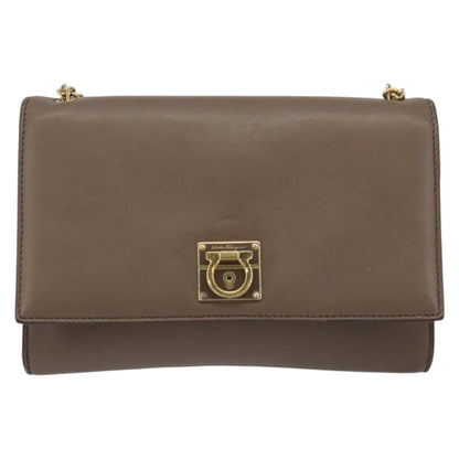 Salvatore Ferragamo Gancini Chain Leather, Gray, Leather, Shoulder Bag