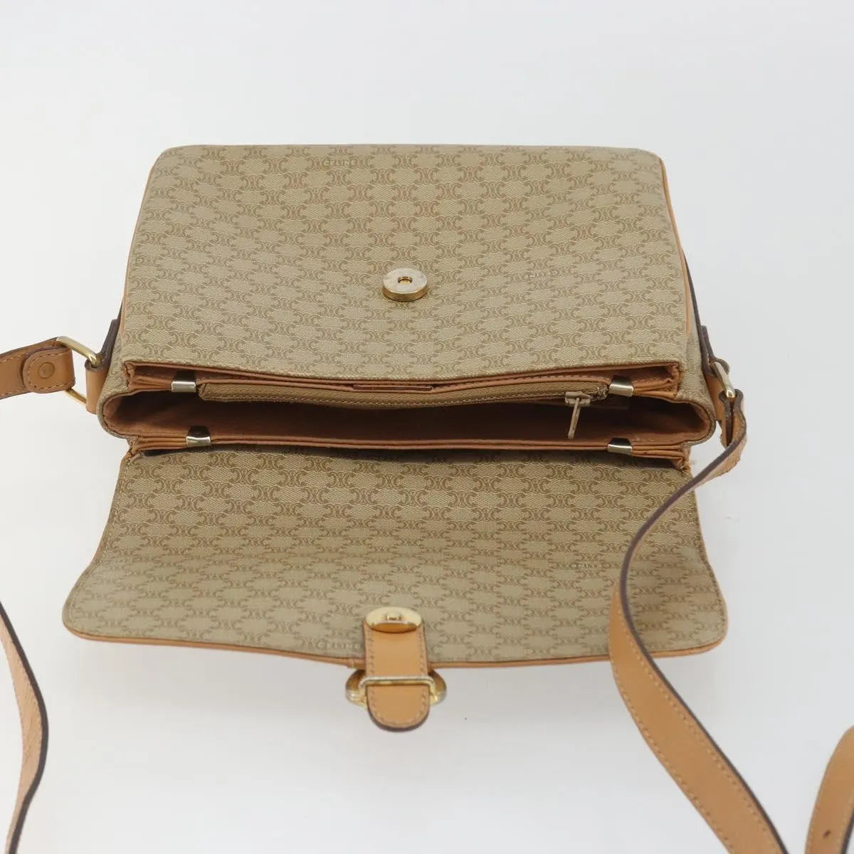 Celine Vintage Macadam Canvas and Leather, Beige, Canvas, Shoulder Bag