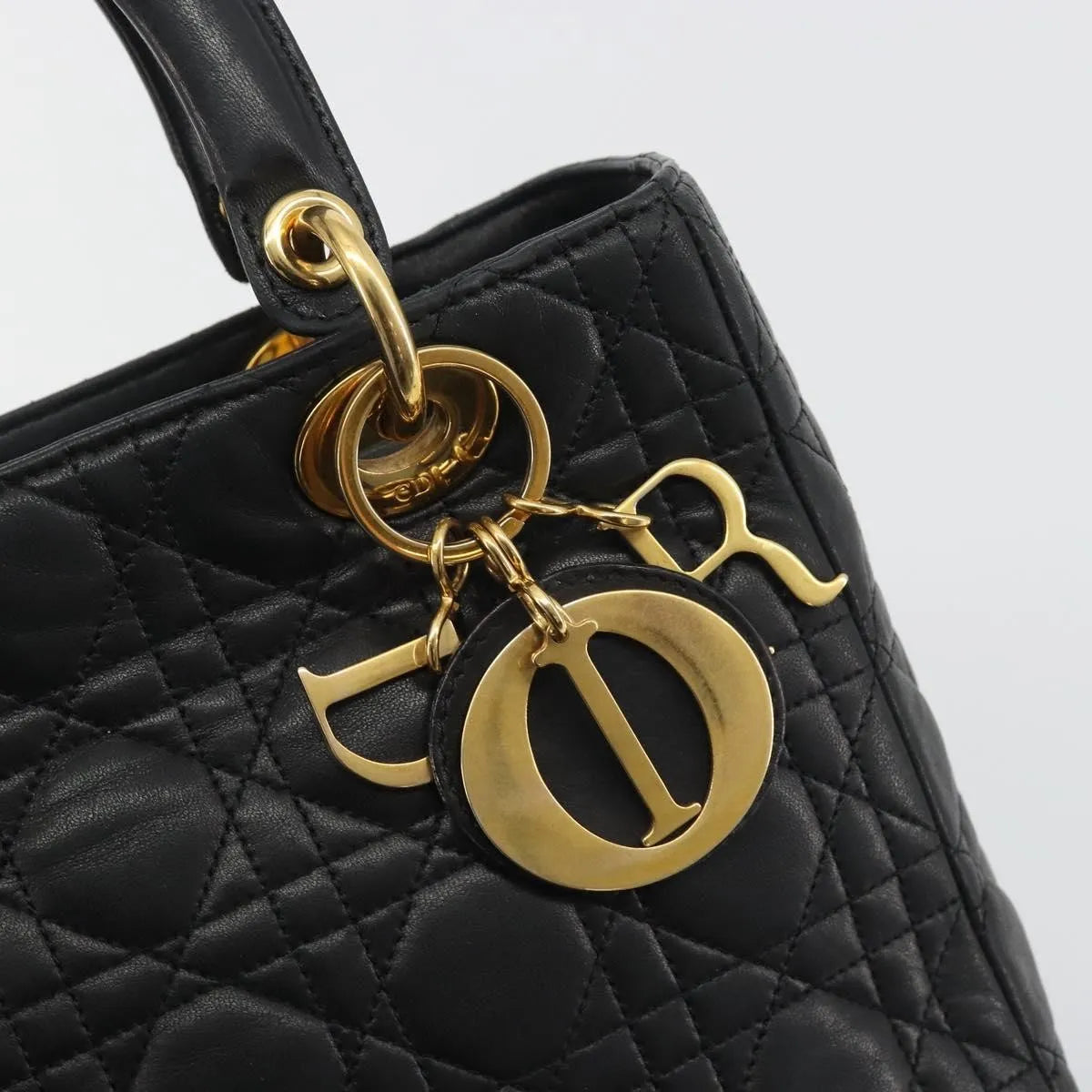 Christian Dior Vintage Lady Dior Cannage Quilt Lambskin, Black, Leather, Handbag