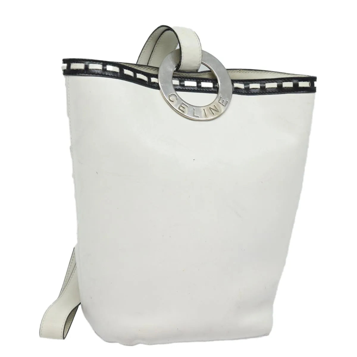 Celine Vintage Circle Logo Leather, White, Leather, Shoulder Bag