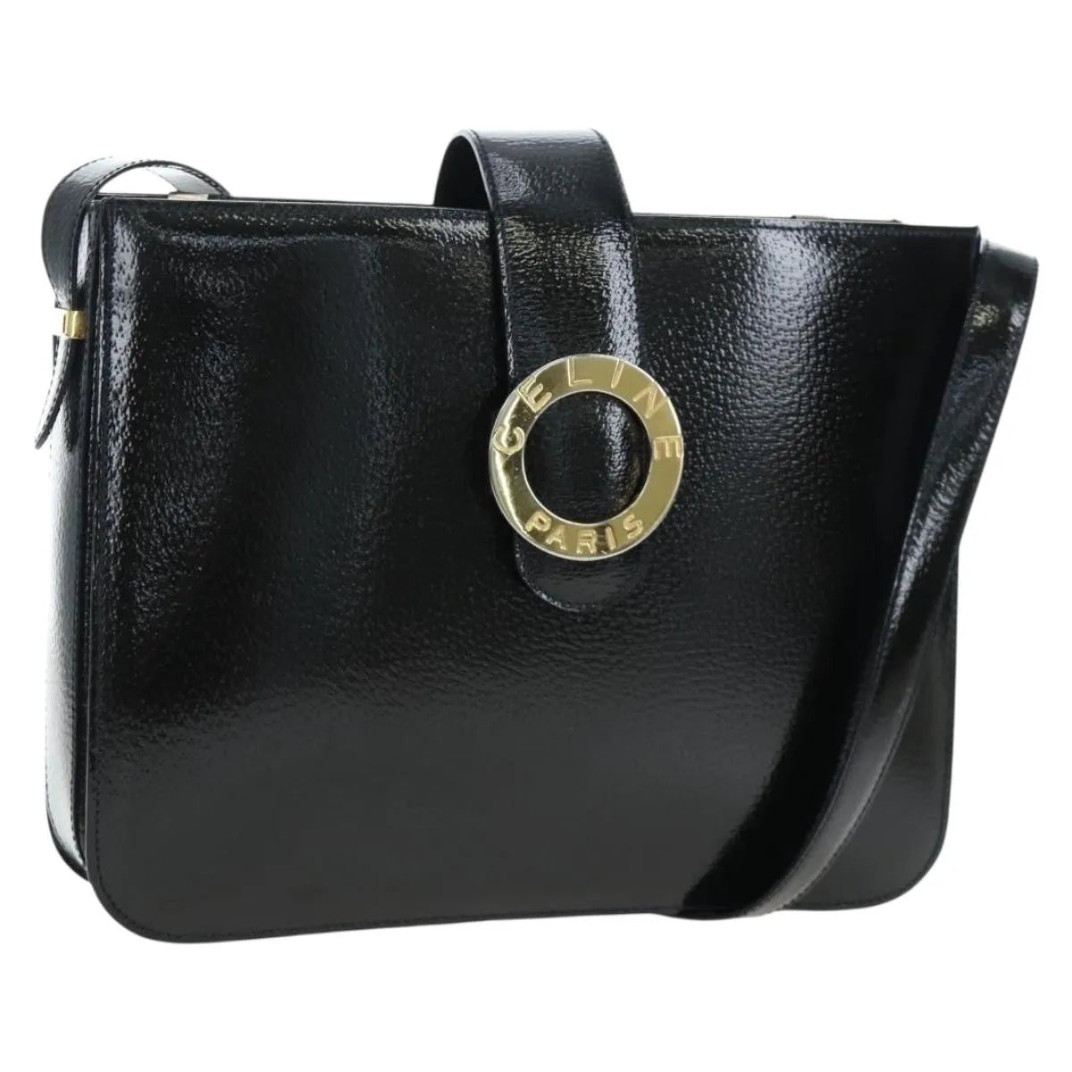 Celine Vintage logo ring shoulder bag Patent Leather, Green, Patent Leather, Shoulder Bag