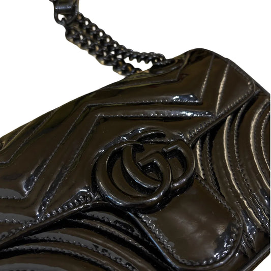 Gucci GG Marmont Flap Matelasse Patent, Black, Leather, Shoulder Bag