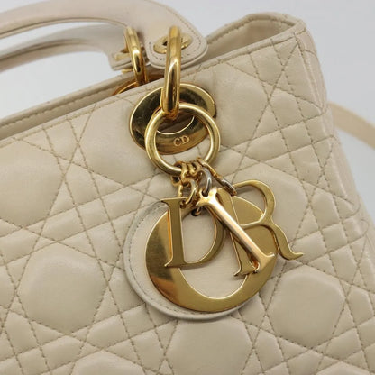 Christian Dior Lady Dior Cannage Quilt Lambskin, Beige, Leather, Handbag