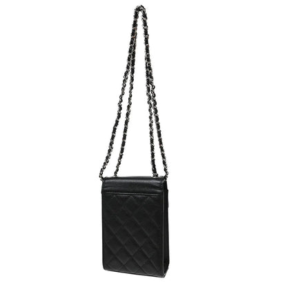 Chanel CC Flap Phone Holder Quilted Caviar, Black, Leather, Shoulder Bag