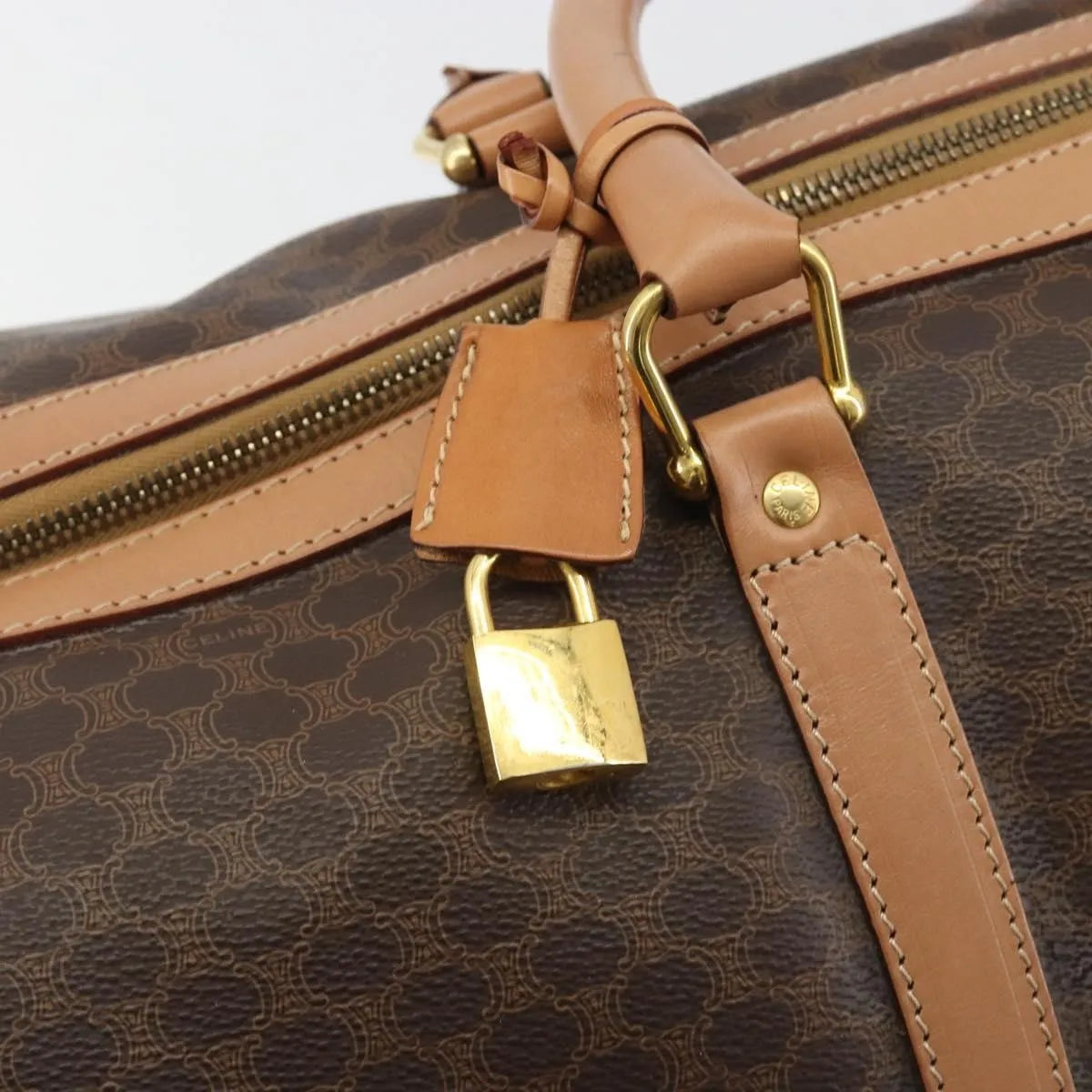 Celine Vintage Macadam Boston Canvas and Leather, Brown, Canvas, Handbag