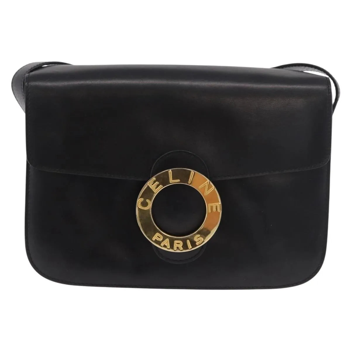 Celine Vintage Circle Logo Leather, Black, Leather, Shoulder Bag