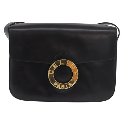 Celine Vintage Circle Logo Leather, Black, Leather, Shoulder Bag