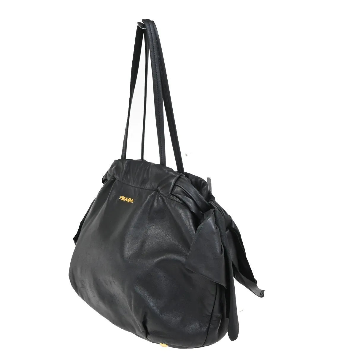 Prada Bow Tie Pleated Tote Leather, Black, Leather, Shoulder Bag