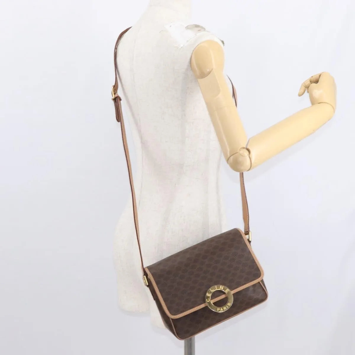Celine Vintage Macadam Circle Logo Canvas and Leather, Brown, Canvas, Shoulder Bag