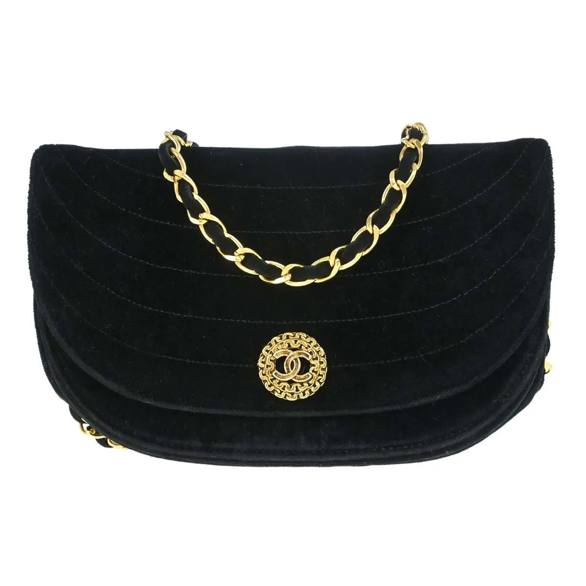Chanel Vintage Crescent Flap Horizontal Quilted Velvet, Black, Velvet, Shoulder Bag