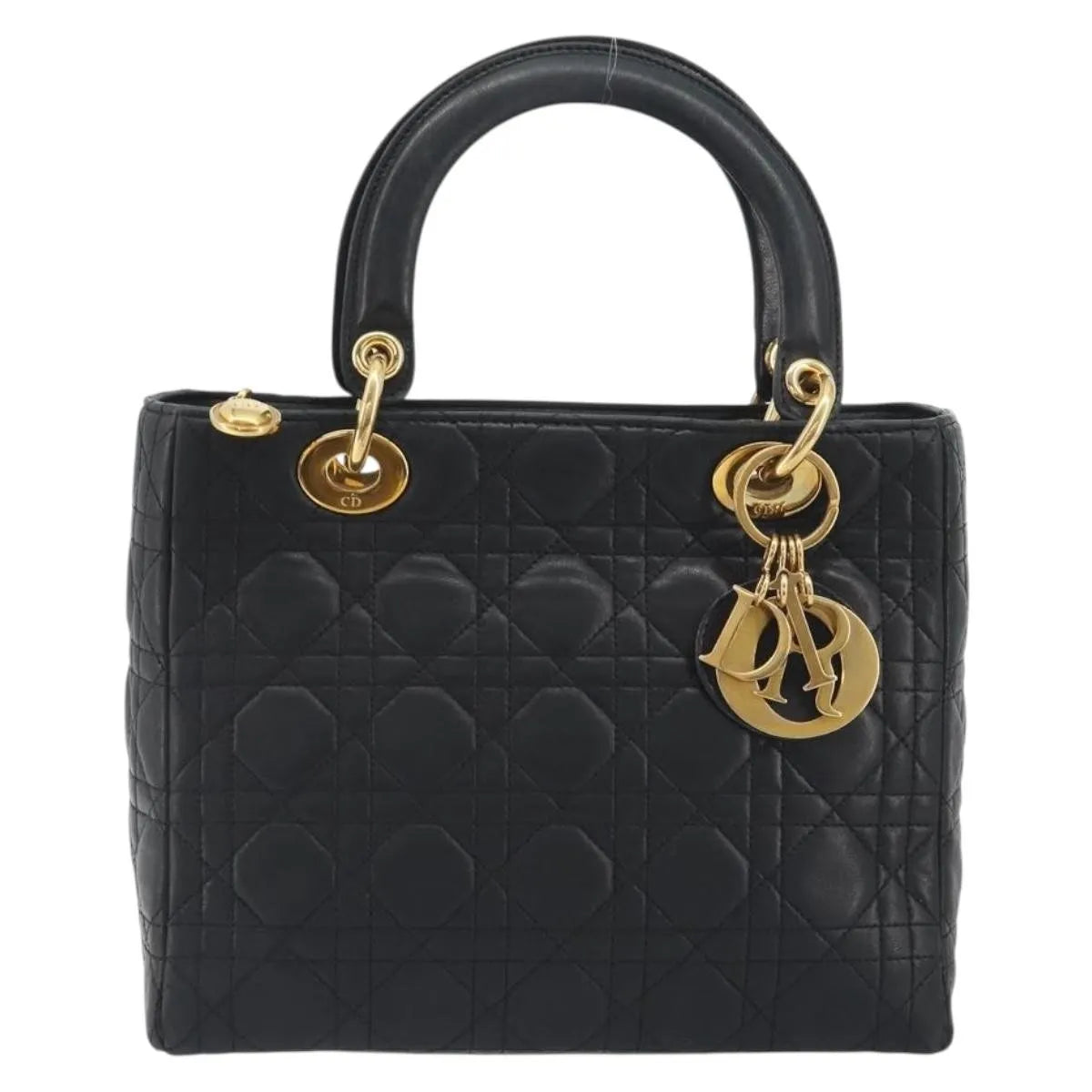 Christian Dior Vintage Lady Dior Cannage Quilt Lambskin, Black, Leather, Handbag