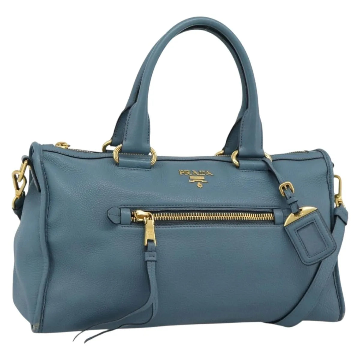 Prada Front Zip Convertible Satchel Vitello Phenix, Blue, Leather, Handbag