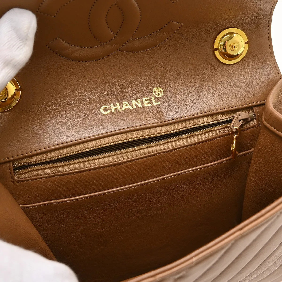 Chanel Vintage Push Lock Flap Chevron Lambskin, Brown, Leather, Shoulder Bag