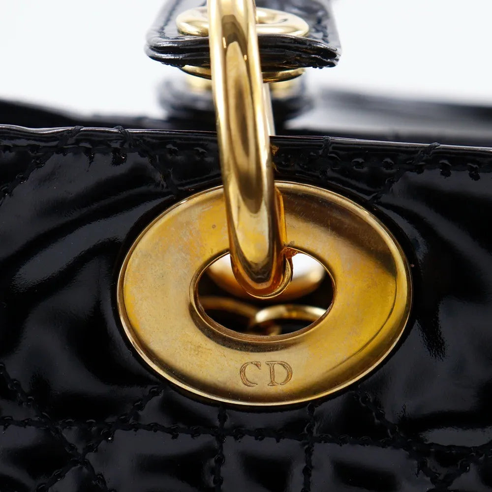 Christian Dior Lady Dior NM Cannage Quilt Patent, Black, Patent Leather, Tote Bag