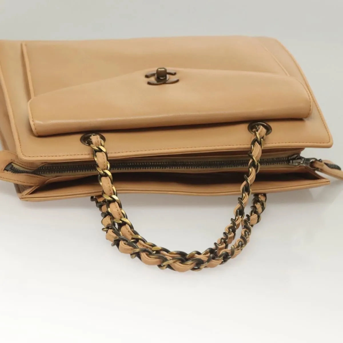 Chanel Vintage Front Pocket Tote Quilted Leather, Beige, Leather, Tote Bag