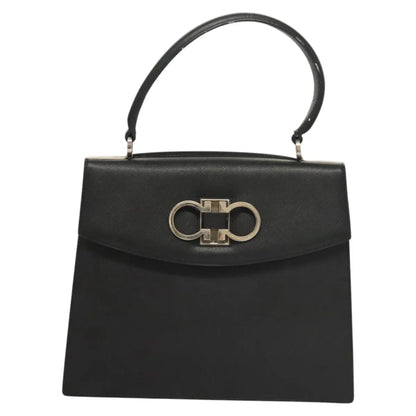Salvatore Ferragamo Double Gancini Top Handle Saffiano Leather, Black, Leather, Handbag