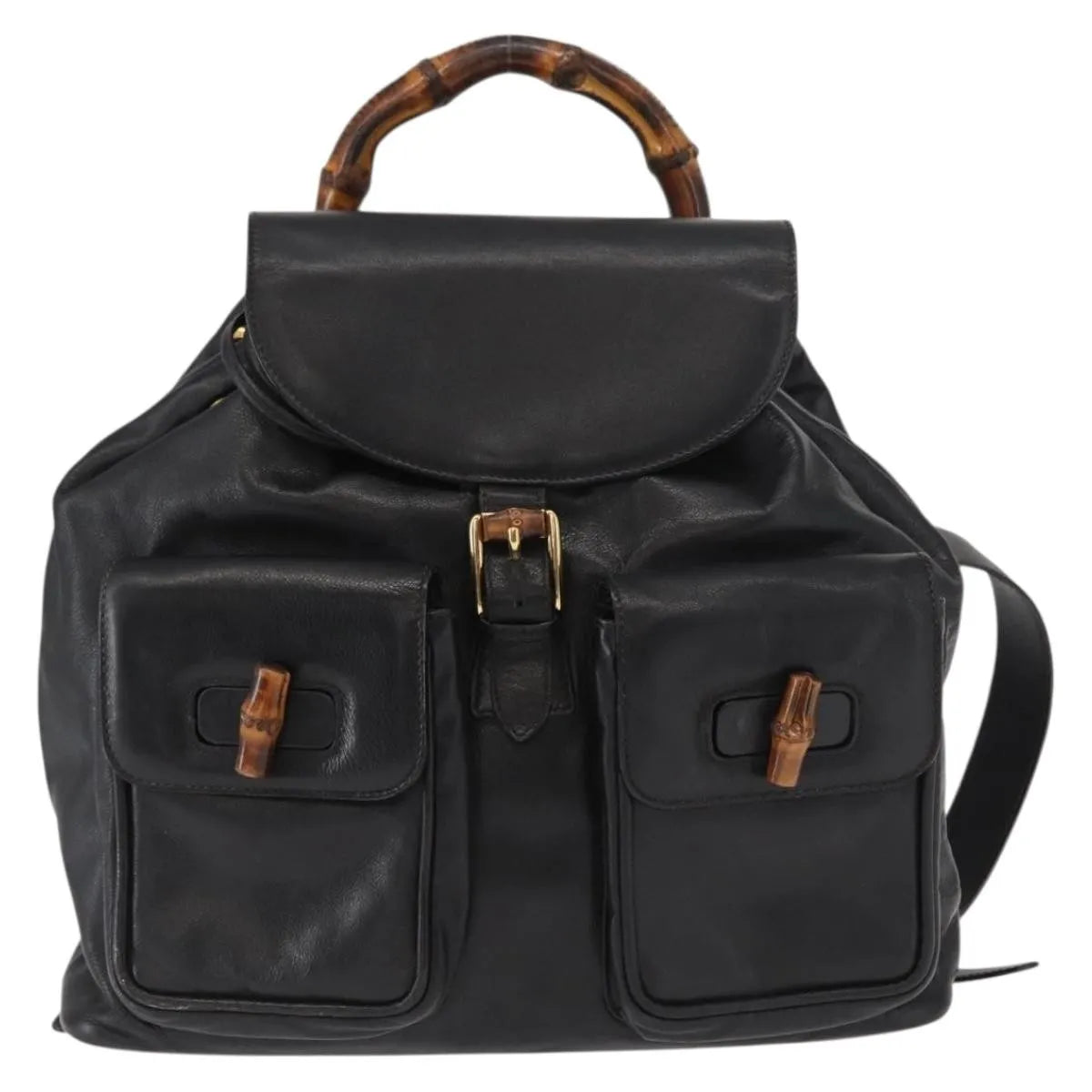 Gucci Vintage Bamboo Leather, Black, Leather, Backpack