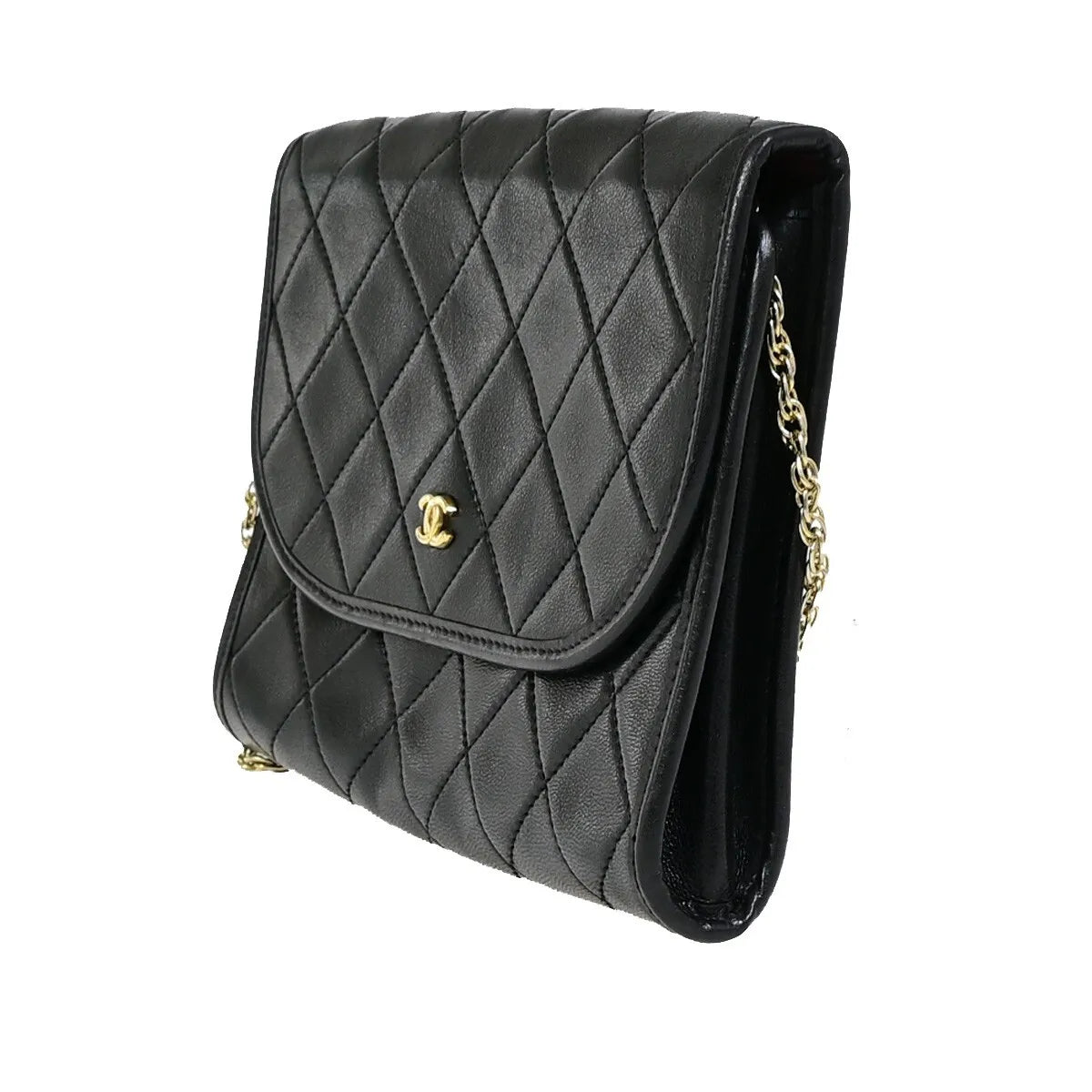 Chanel Vintage Round Flap Quilted Lambskin, Black, Leather, Handbag