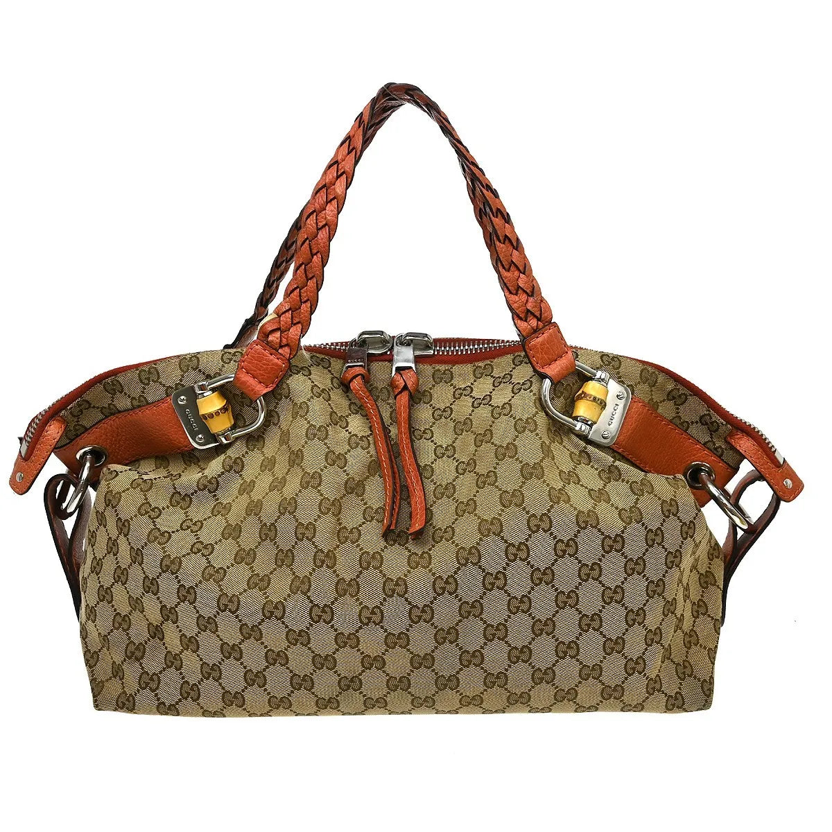 Gucci Bamboo Boston Horsebit Canvas with Leather, Beige, Canvas, Handbag