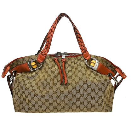 Gucci Bamboo Boston Horsebit Canvas with Leather, Beige, Canvas, Handbag