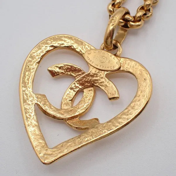 Chanel Vintage CC Heart Pendant Long Metal, Gold, Gold Plated, Necklace