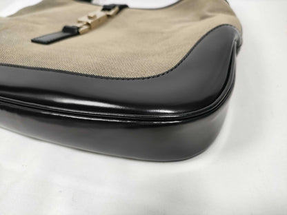 Gucci Vintage Jackie Shoulder Canvas and Leather, Beige, Canvas, Handbag
