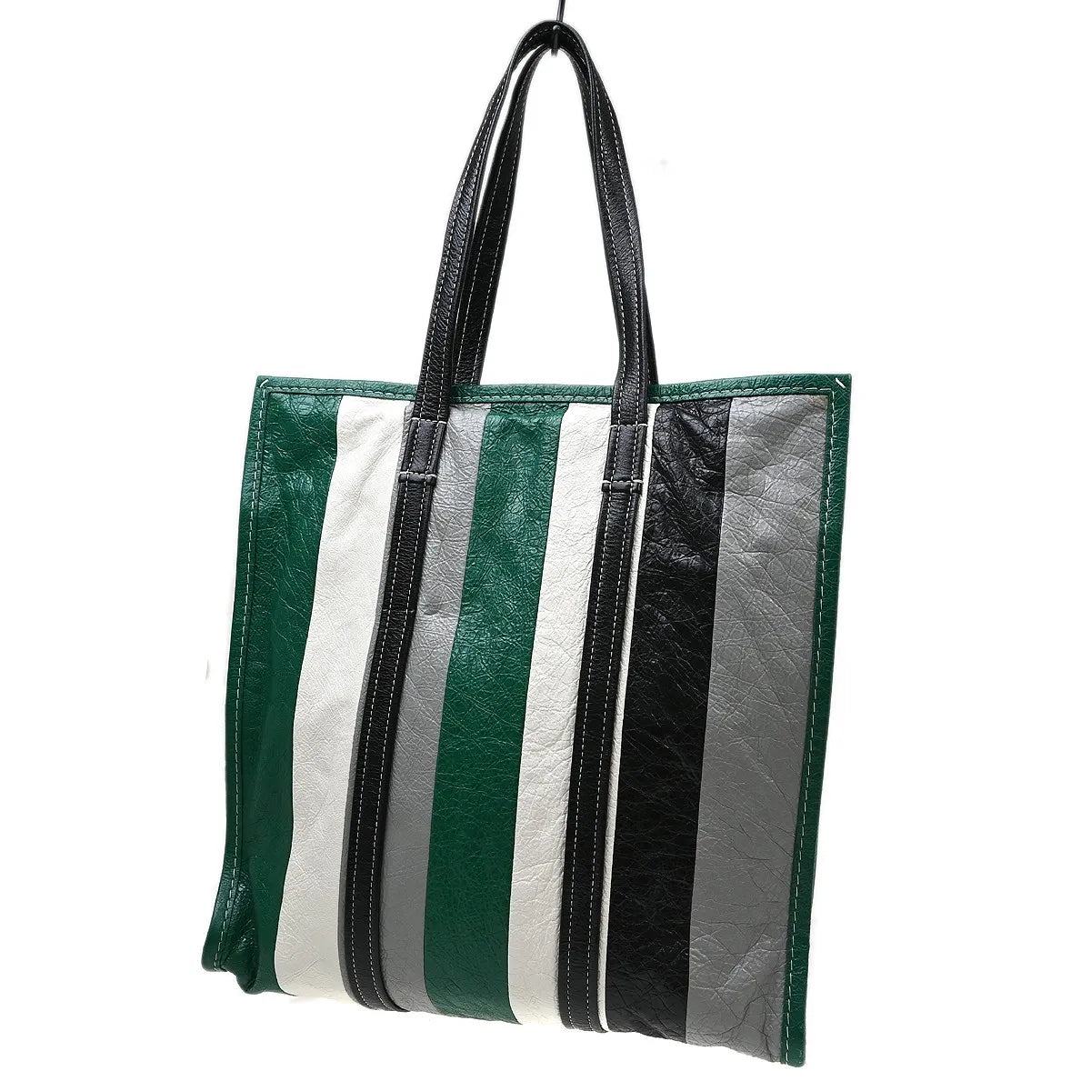 Balenciaga Bazar Convertible Tote Striped Leather, Green, Leather, Tote Bag