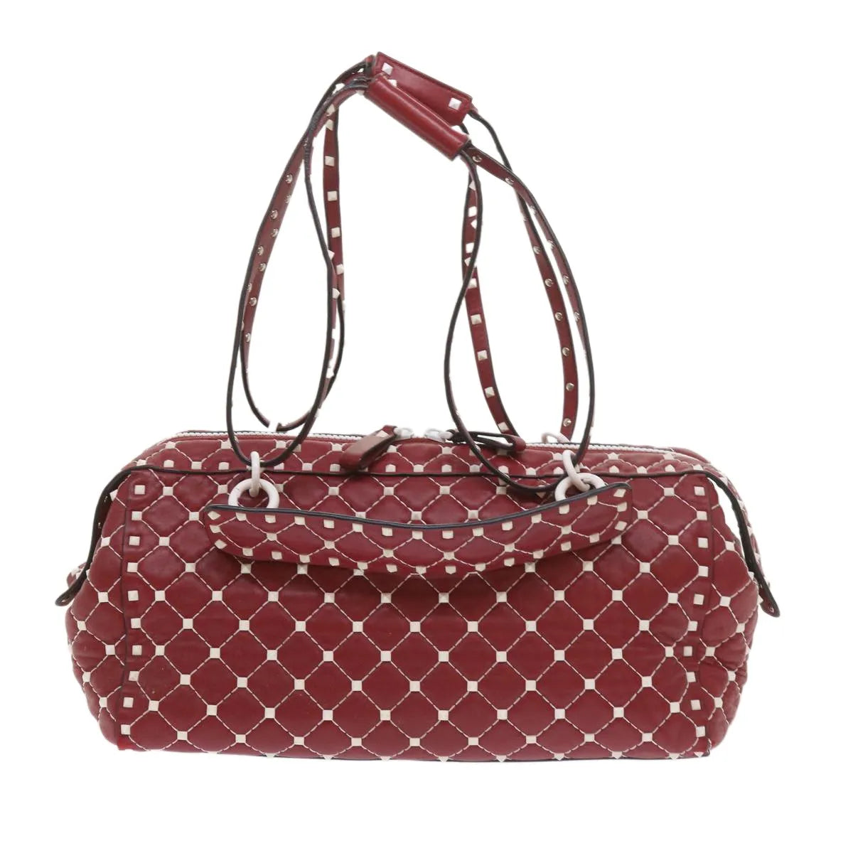 Valentino Garavani Free Rockstud Spike Duffle Quilted Leather, Red, Leather, Shoulder Bag