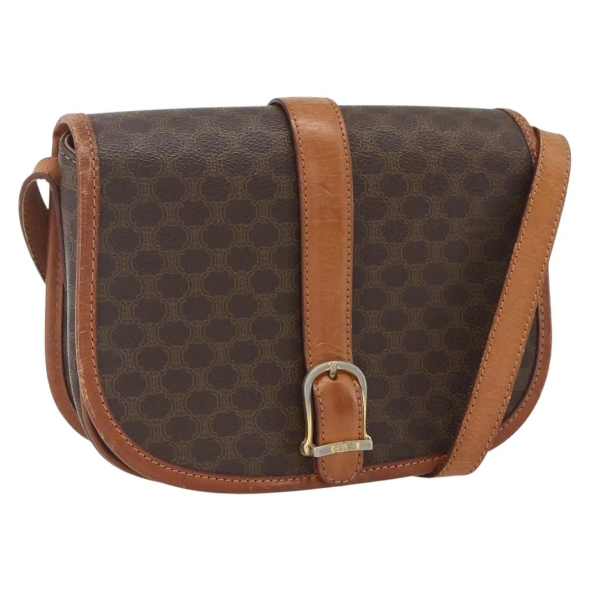 Celine Vintage Macadam Canvas and Leather, Brown, Canvas, Shoulder Bag