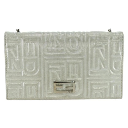 Fendi Wallet on Chain Logo Embossed Leather, Silver, Leather, Wallet