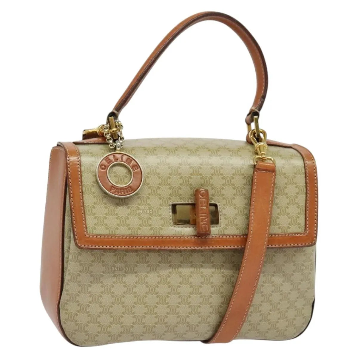 Celine Vintage Convertible Top Handle Macadam Coated Canvas, Beige, Canvas, Handbag