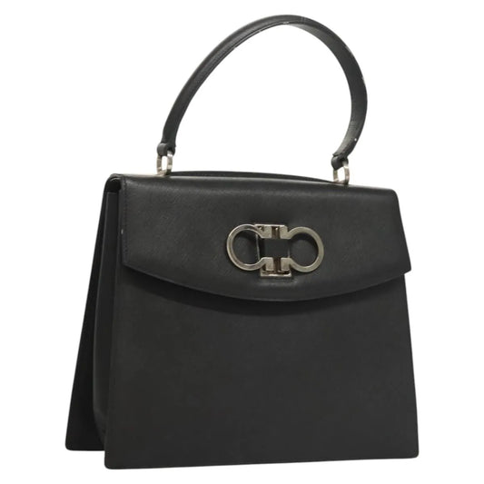 Salvatore Ferragamo Double Gancini Top Handle Saffiano Leather, Black, Leather, Handbag