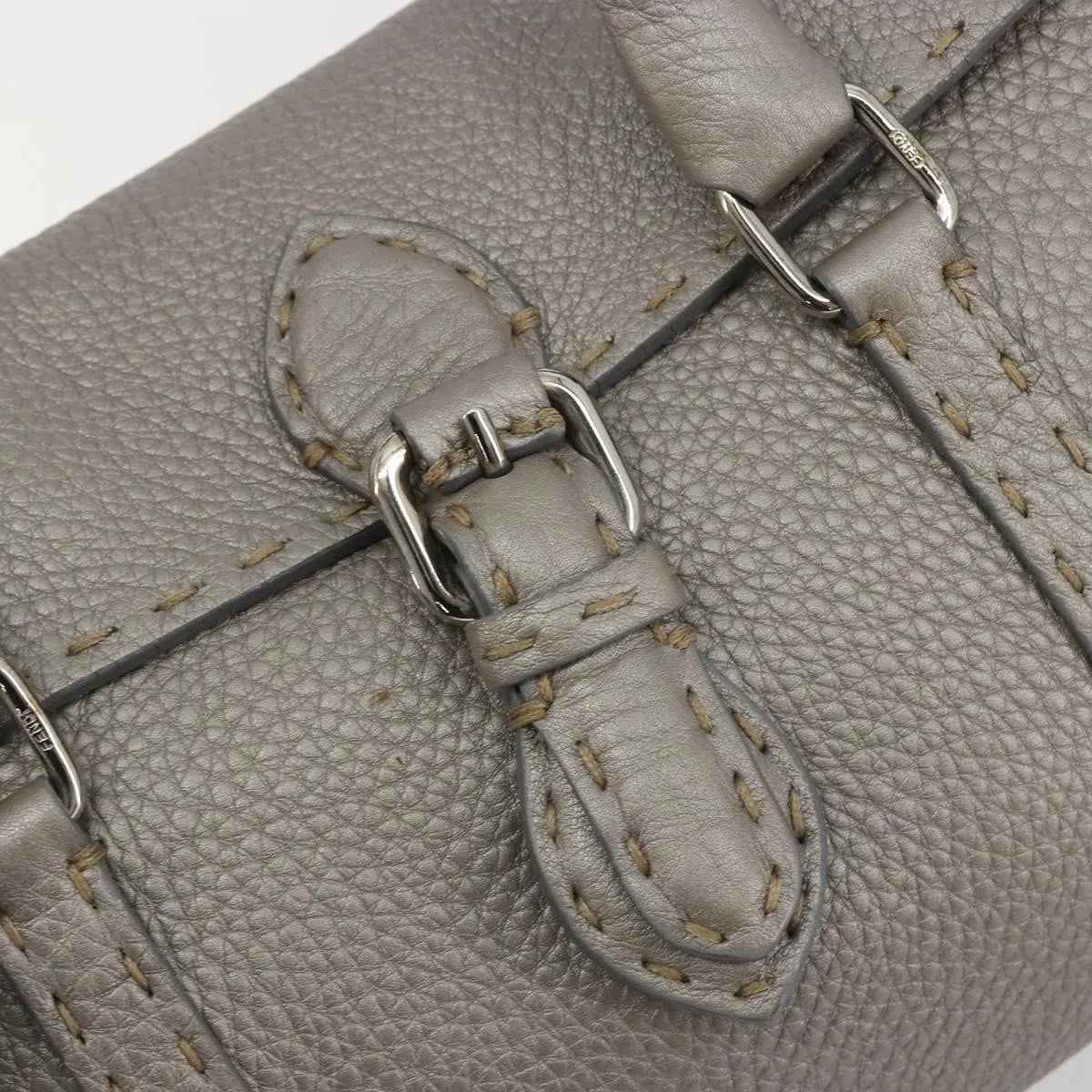 Fendi Selleria Linda Satchel Pebbled Leather, Gray, Leather, Handbag