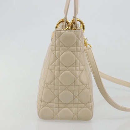 Christian Dior Lady Dior Cannage Quilt Lambskin, Beige, Leather, Handbag
