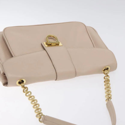 Salvatore Ferragamo Gancini Chain Leather, Beige, Leather, Shoulder Bag