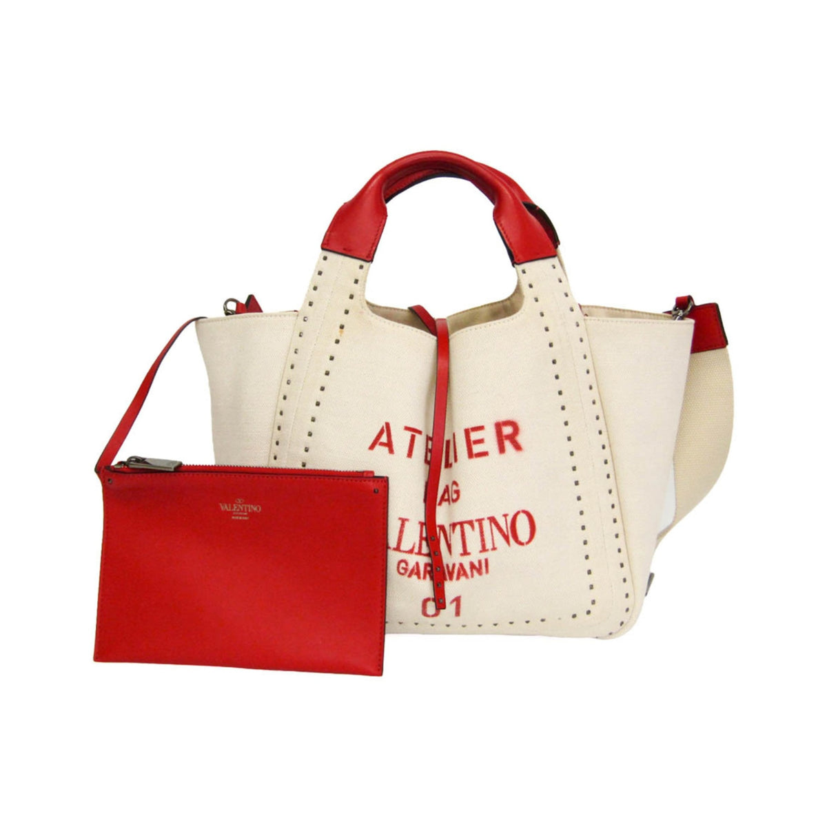 Valentino Garavani Atelier 01 Studded Canvas, Red, Canvas, Tote Bag