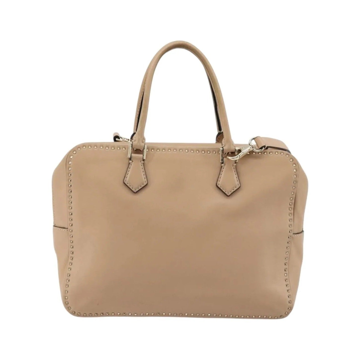 Valentino Garavani Convertible Zip Satchel Leather with Micro Rockstuds, Beige, Leather, Handbag