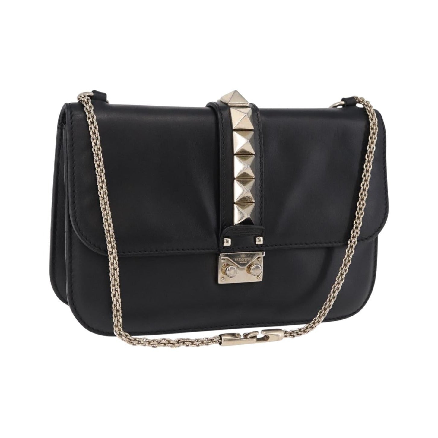 Valentino Garavani Glam Lock Leather, Black, Leather, Shoulder Bag