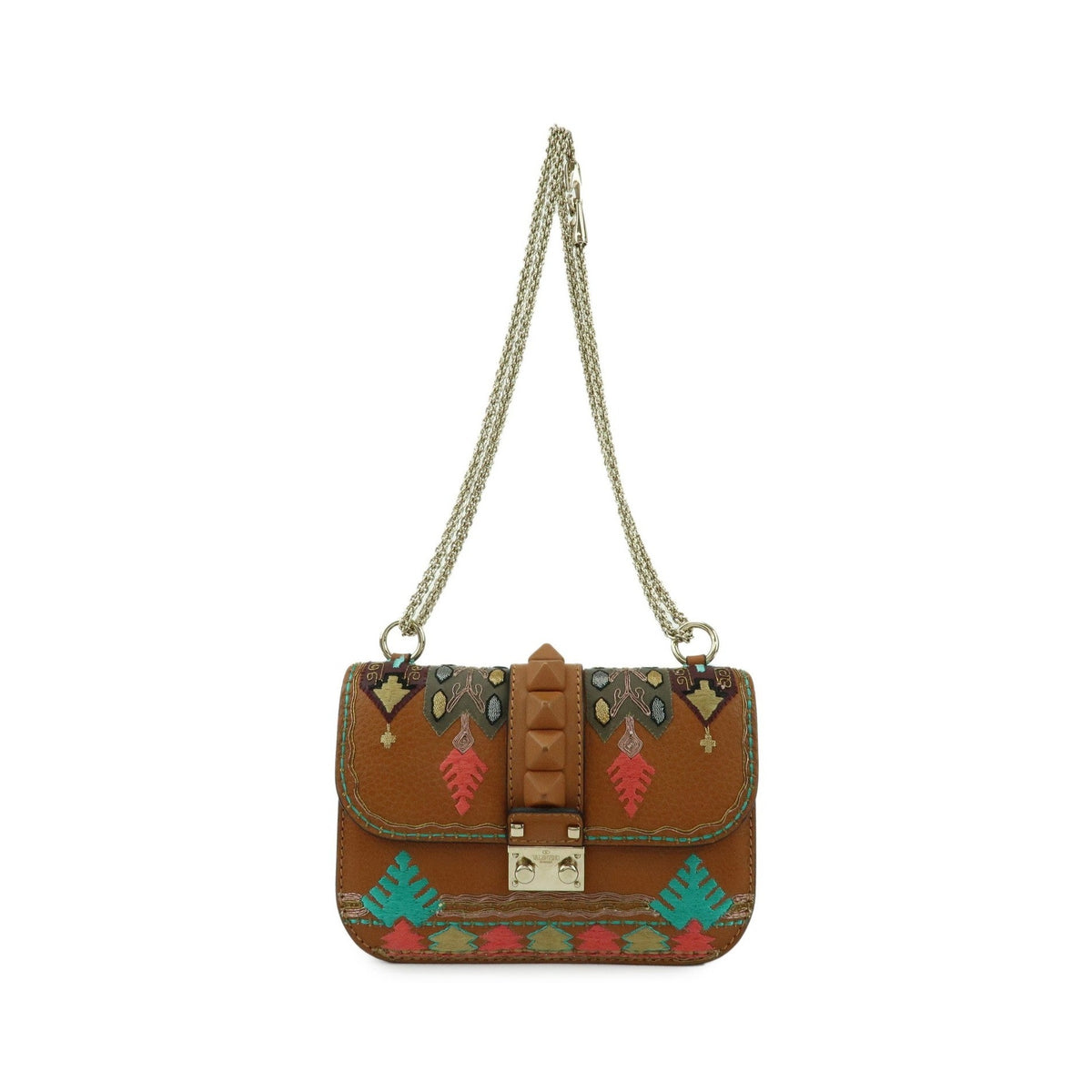 Valentino Garavani Glam Lock Leather, Brown, Leather, Shoulder Bag