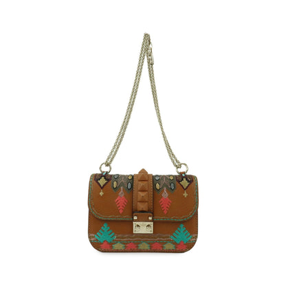 Valentino Garavani Glam Lock Leather, Brown, Leather, Shoulder Bag