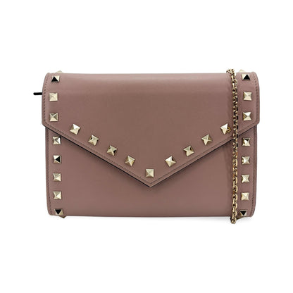 Valentino Garavani Rockstud Envelope Chain Leather, Beige, Leather, Crossbody Bag