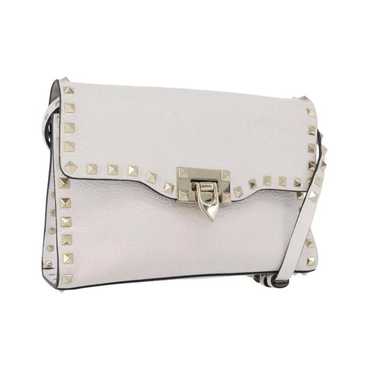 Valentino Garavani Rockstud Flip Lock Flap Leather, White_gold, Leather, Shoulder Bag