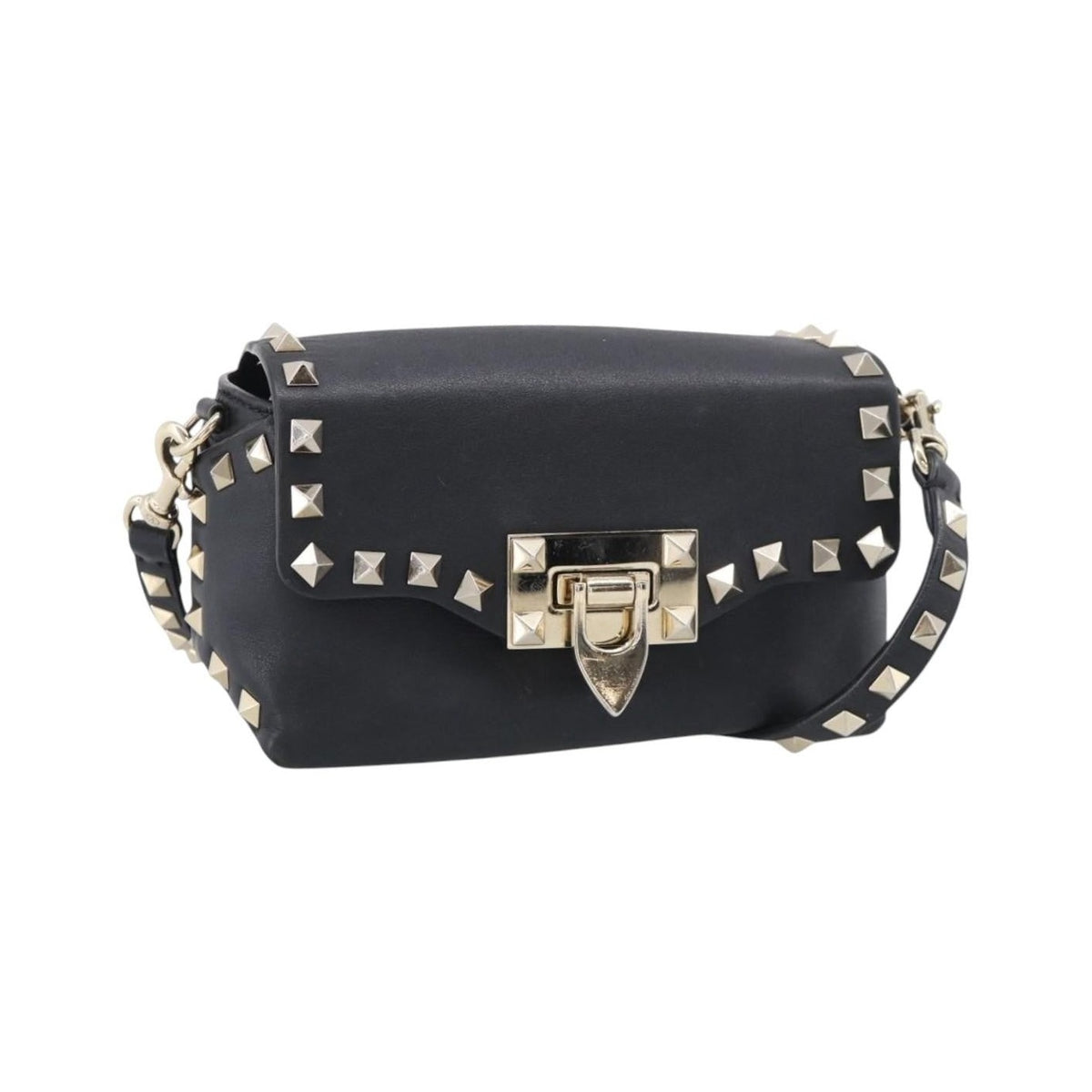 Valentino Garavani Rockstud Flip Lock Flap Leather, Black, Leather, Handbag