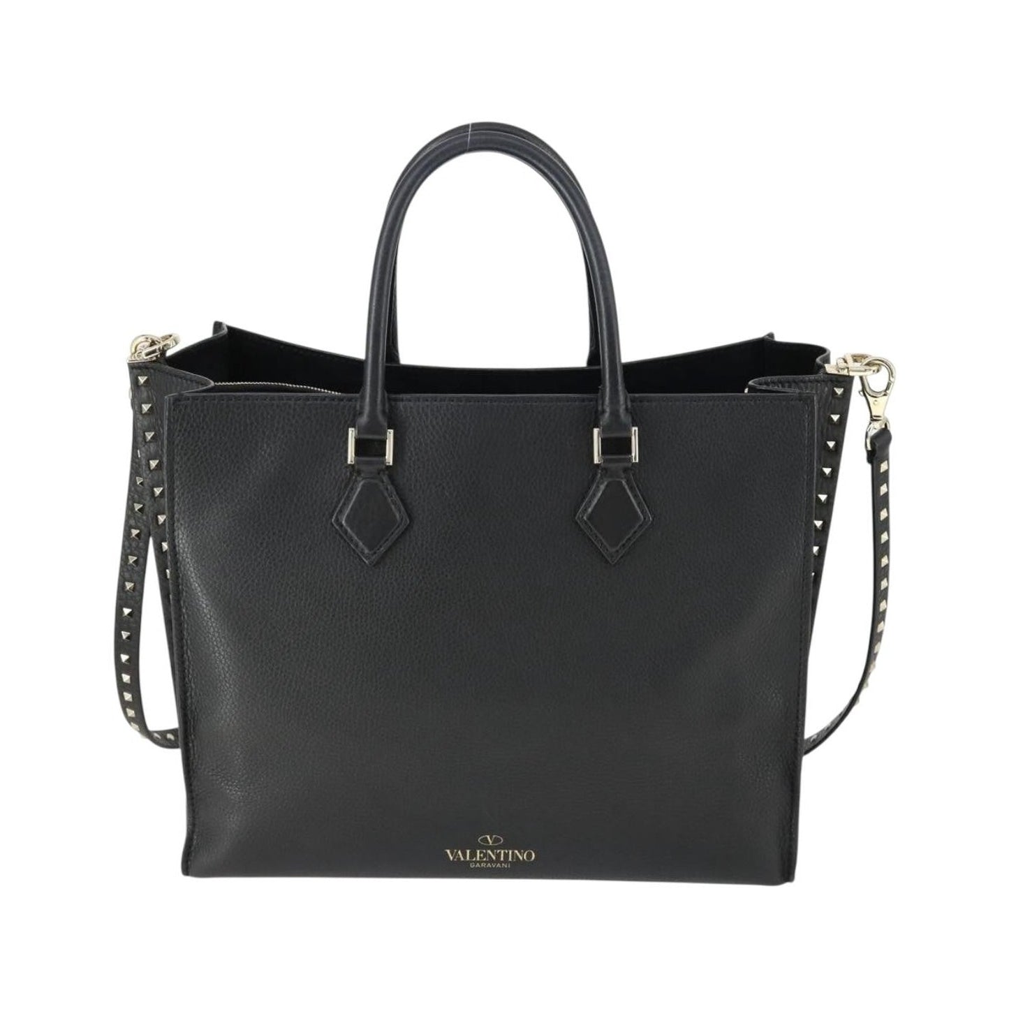 Valentino Garavani Rockstud Open Leather, Black, Leather, Tote Bag