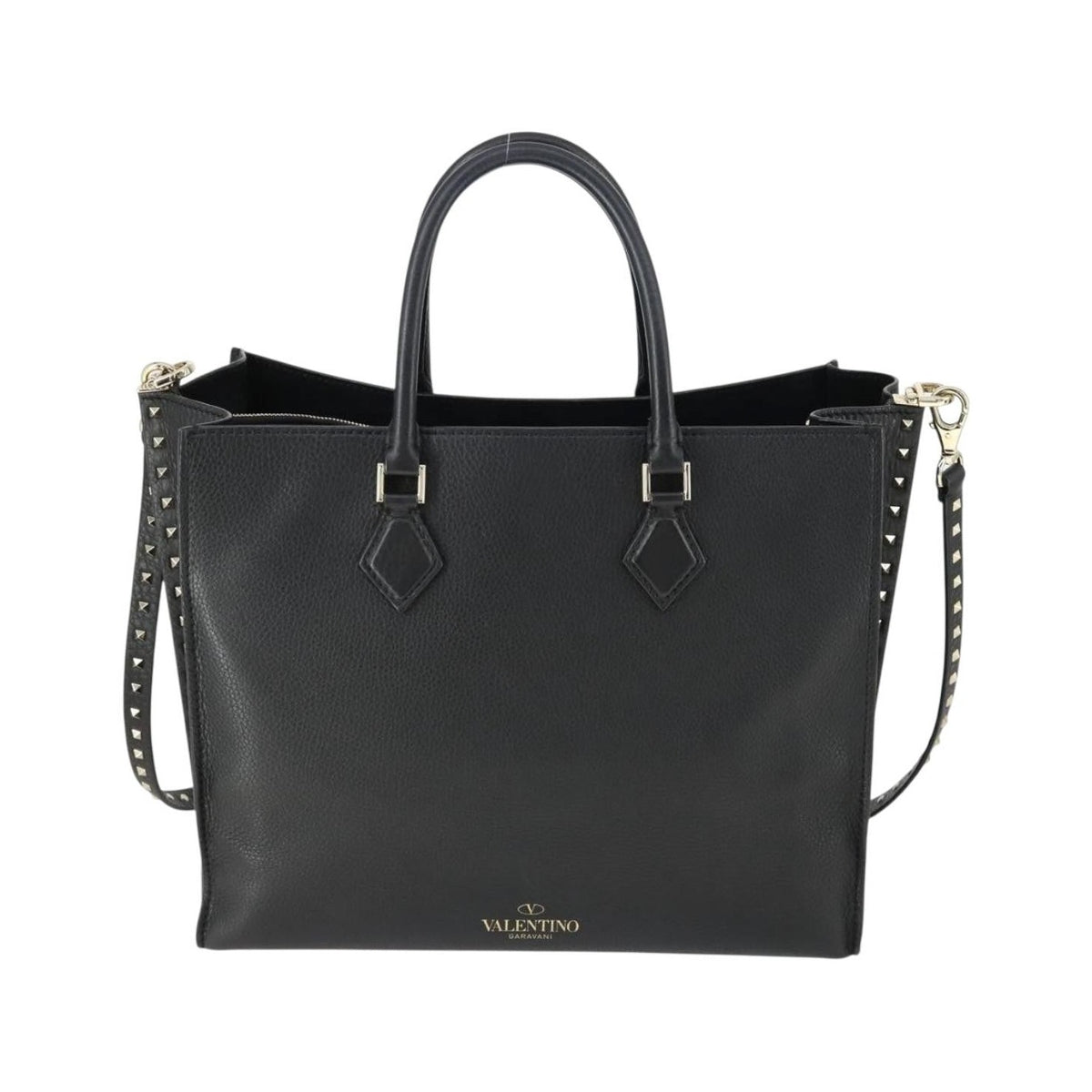 Valentino Garavani Rockstud Open Leather, Black, Leather, Tote Bag